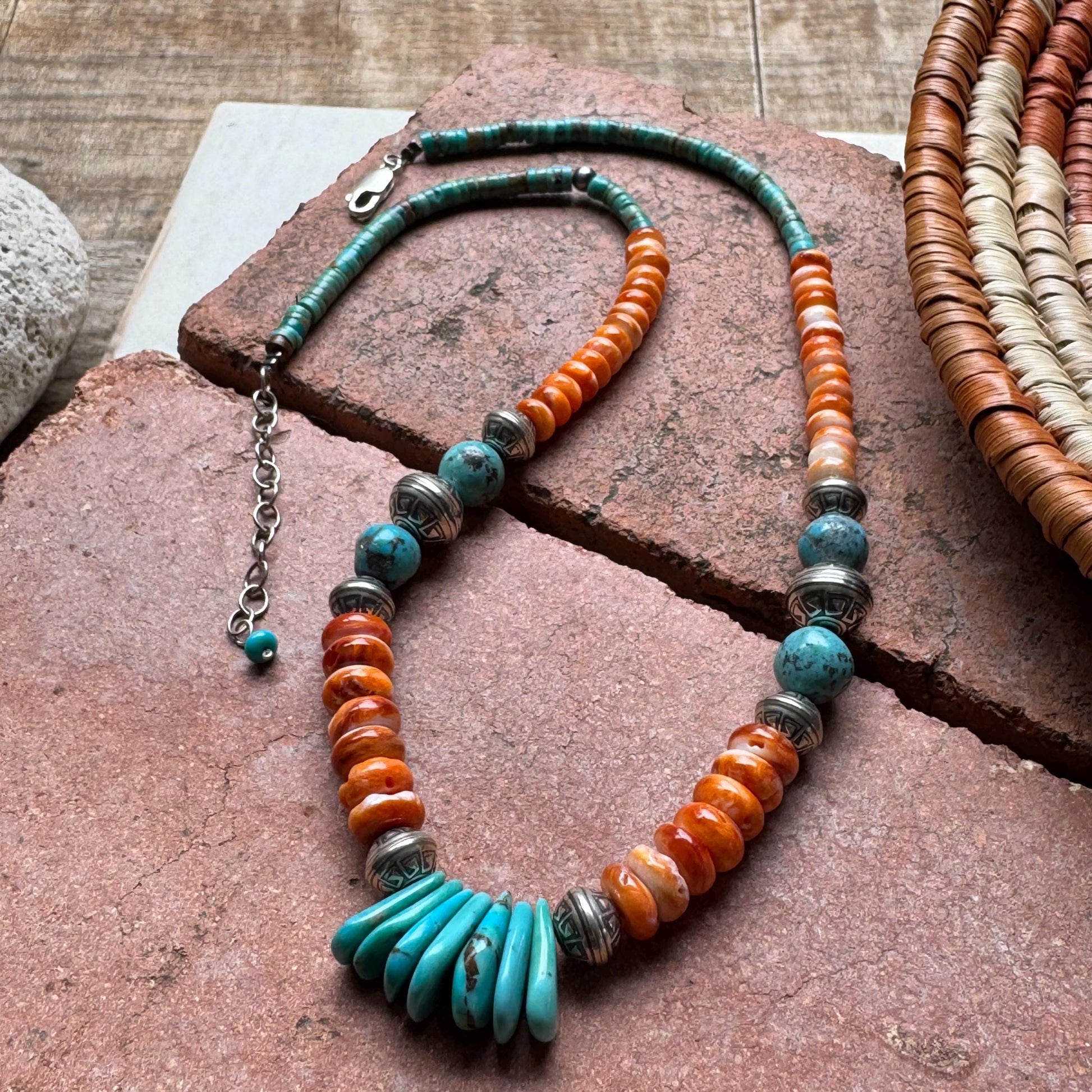 Turquoise & Spiny Oyster Statement Necklace, Sterling Silver Southwestern Jewelry