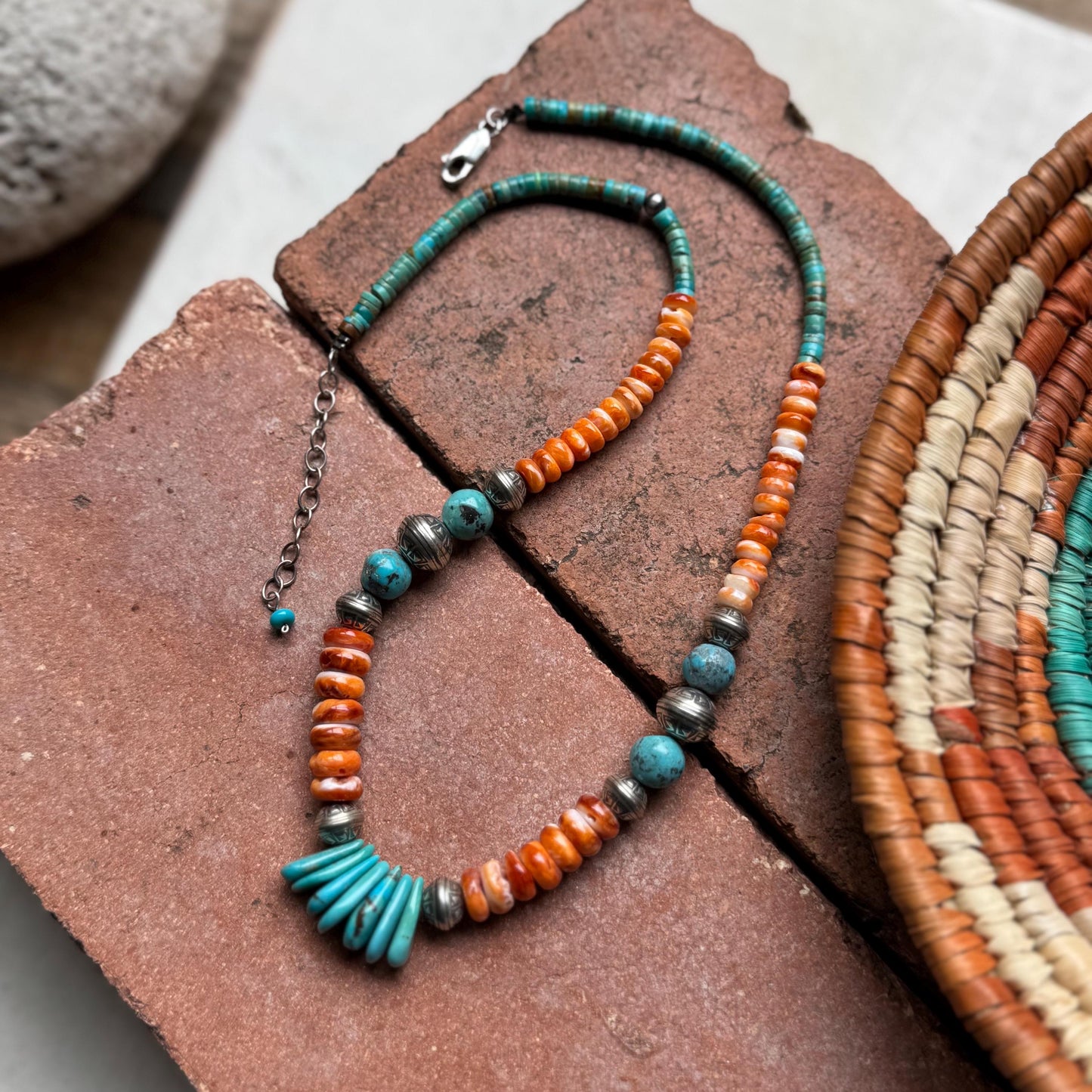 Turquoise & Spiny Oyster Statement Necklace, Sterling Silver Southwestern Jewelry