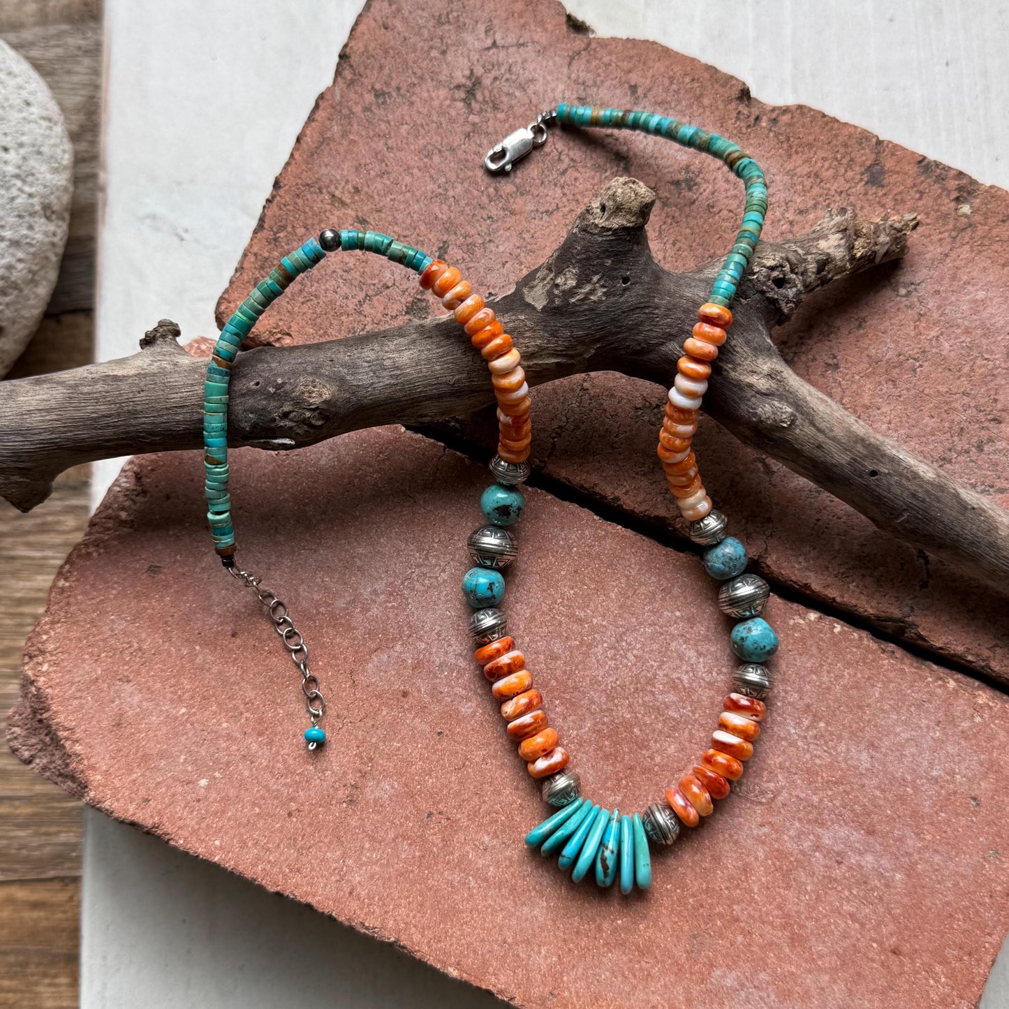 Turquoise & Spiny Oyster Statement Necklace, Sterling Silver Southwestern Jewelry