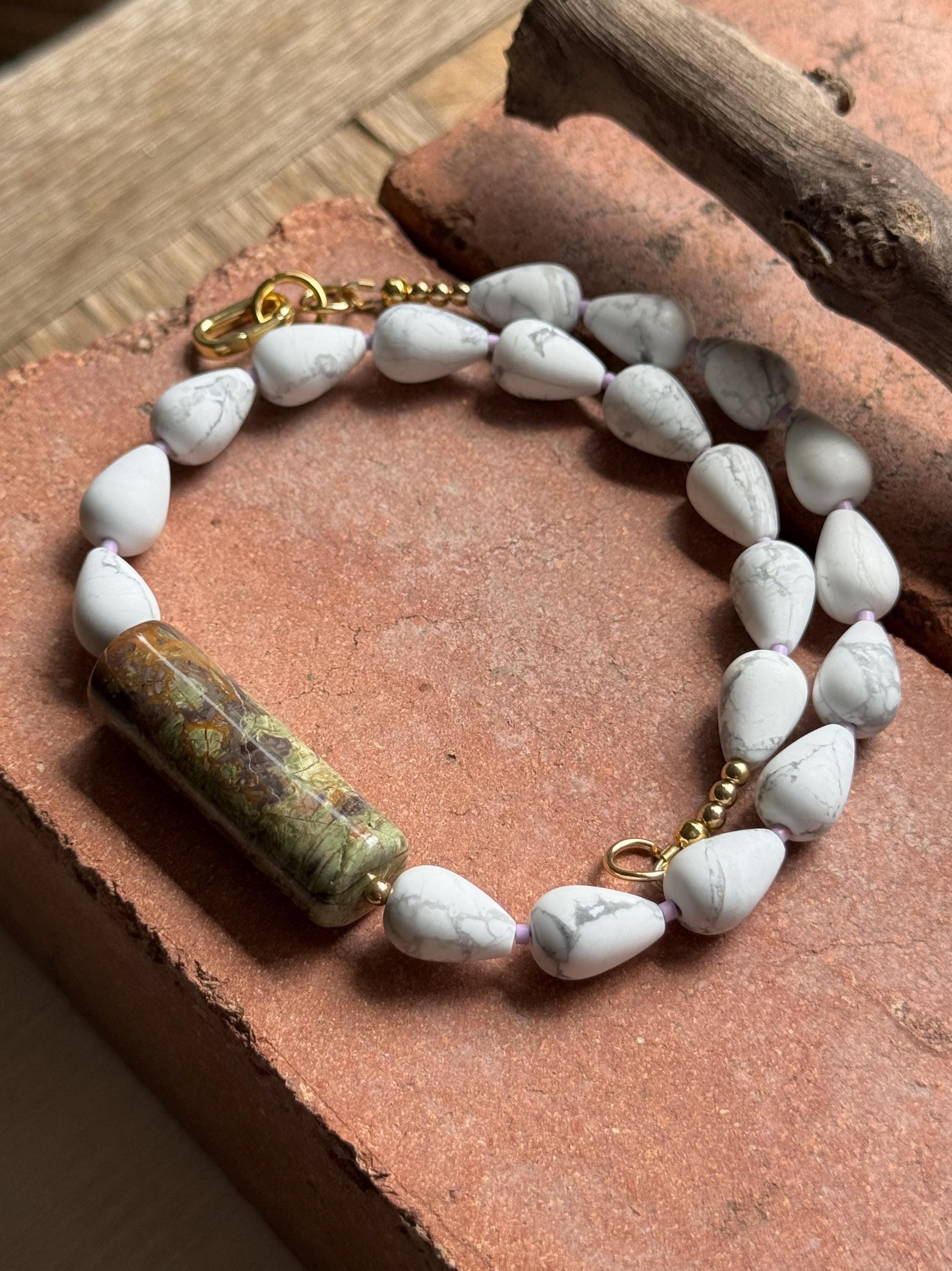 White Magnesite & Agate Bar Choker Necklace | Boho Gemstone Statement Necklace (etsy image id: 8029721294)
