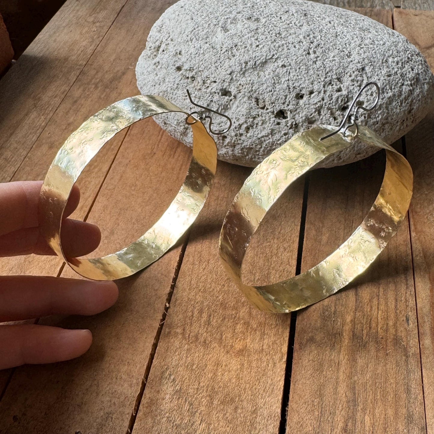 Wide Hammered Brass Hoop Earrings – Large Lightweight Statement Hoops – Minimal Gold Earrings
