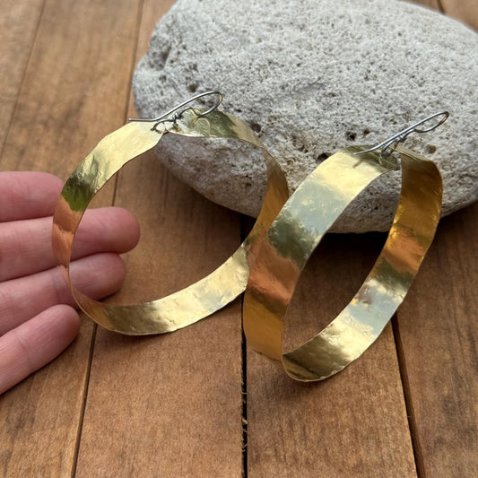 Wide Hammered Brass Hoop Earrings – Large Lightweight Statement Hoops – Minimal Gold Earrings