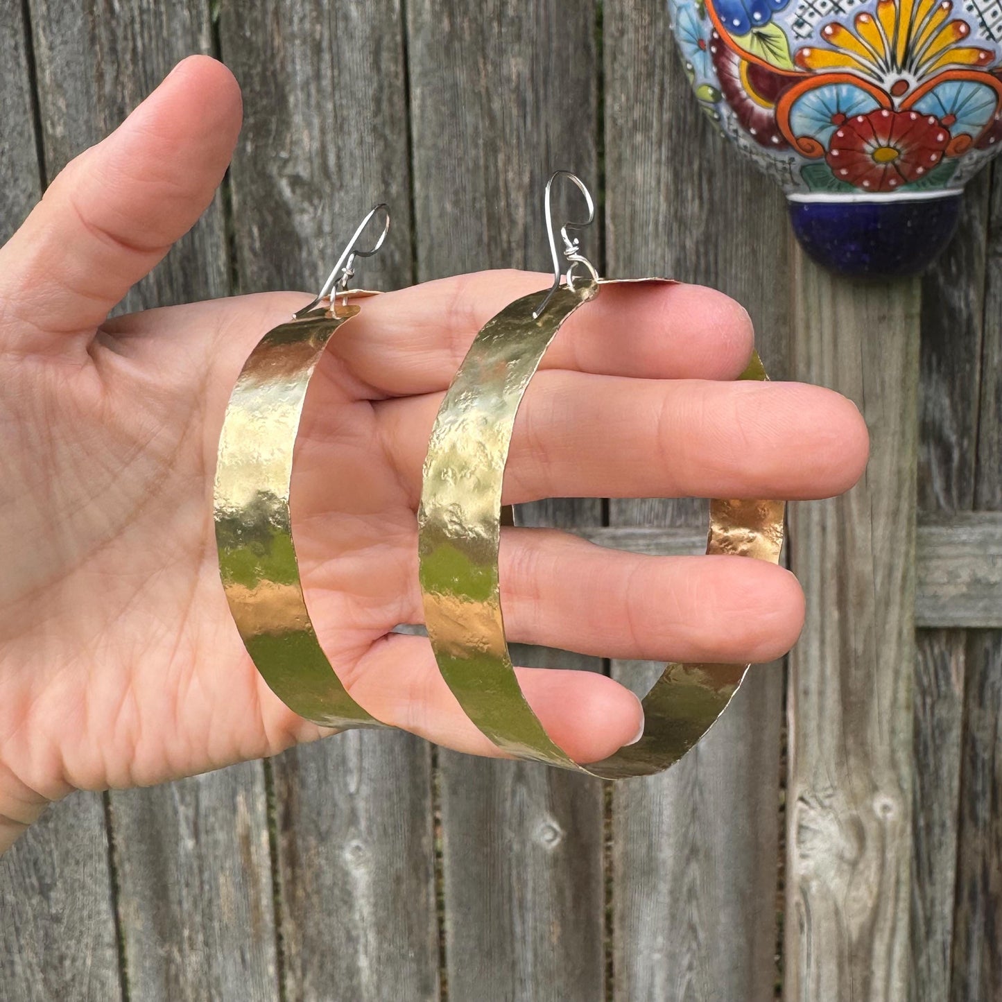 Wide Hammered Brass Hoop Earrings – Large Lightweight Statement Hoops – Minimal Gold Earrings