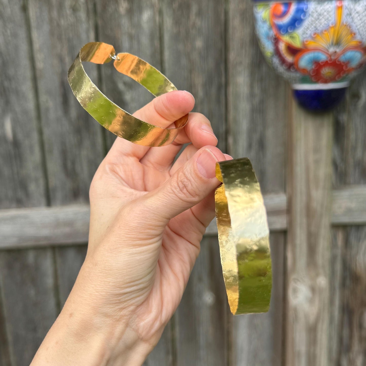 Wide Hammered Brass Hoop Earrings – Large Lightweight Statement Hoops – Minimal Gold Earrings