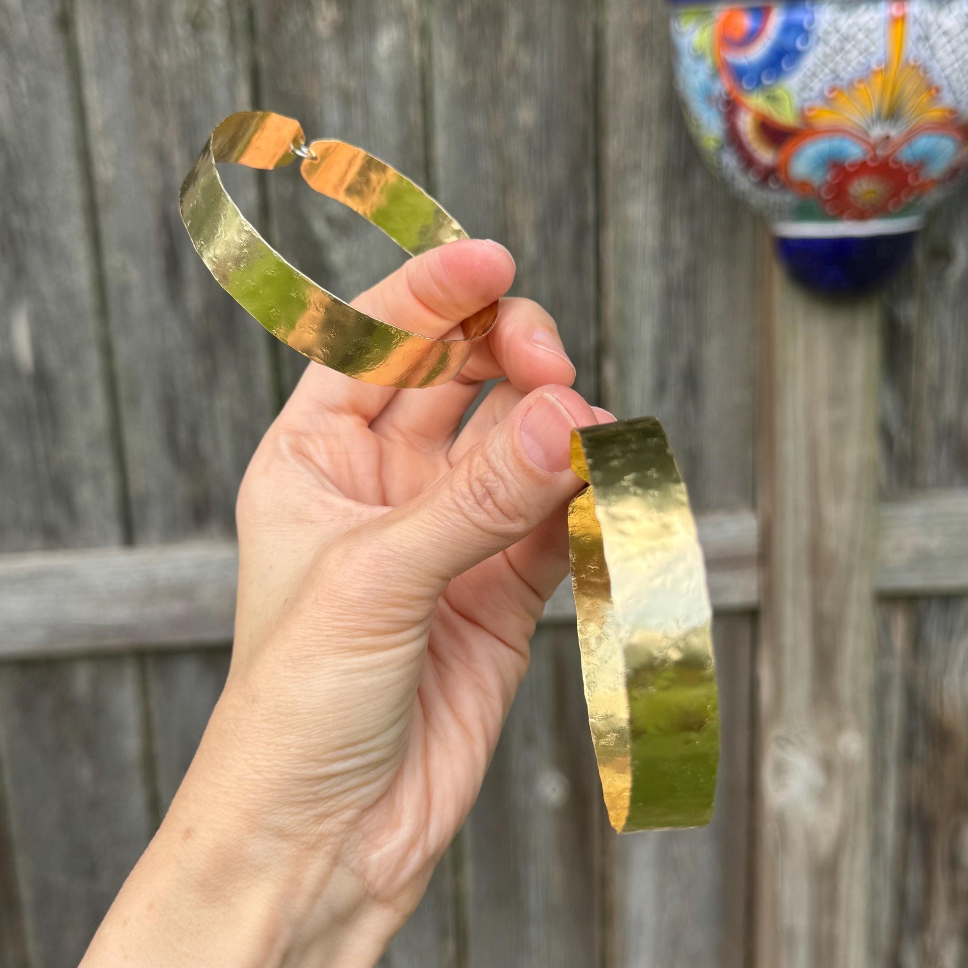 Wide Hammered Brass Hoop Earrings – Large Lightweight Statement Hoops – Minimal Gold Earrings