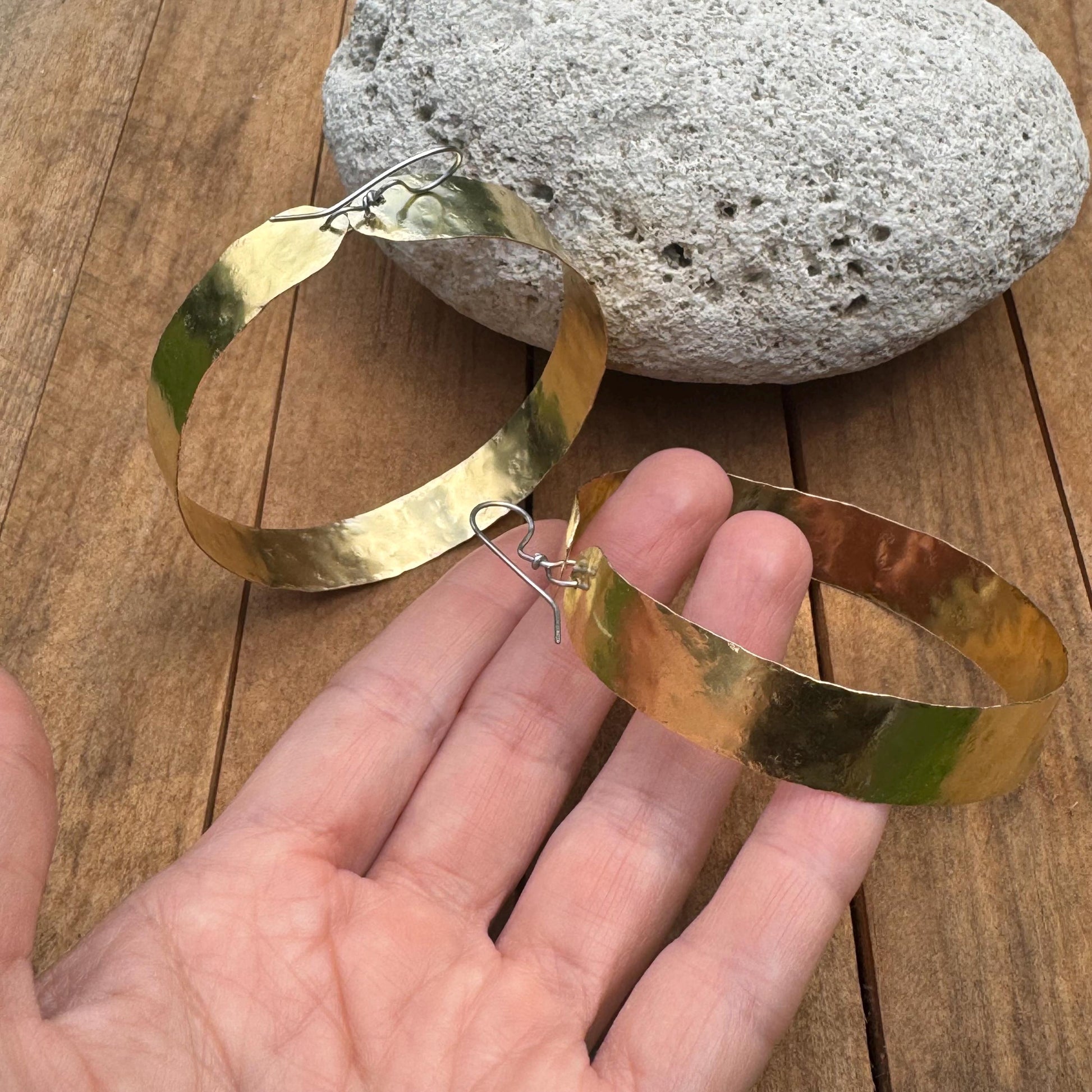 Wide Hammered Brass Hoop Earrings – Large Lightweight Statement Hoops – Minimal Gold Earrings