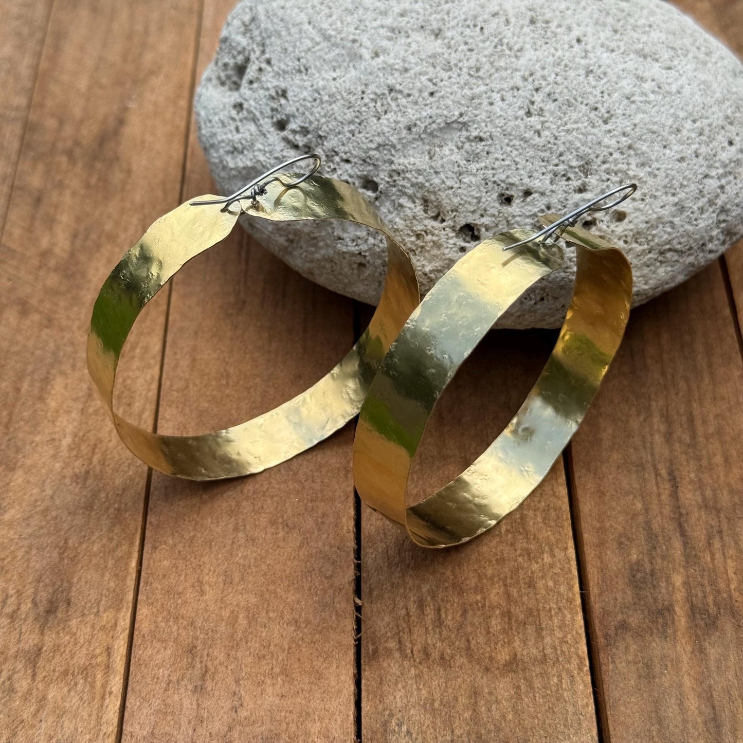 Wide Hammered Brass Hoop Earrings – Large Lightweight Statement Hoops – Minimal Gold Earrings