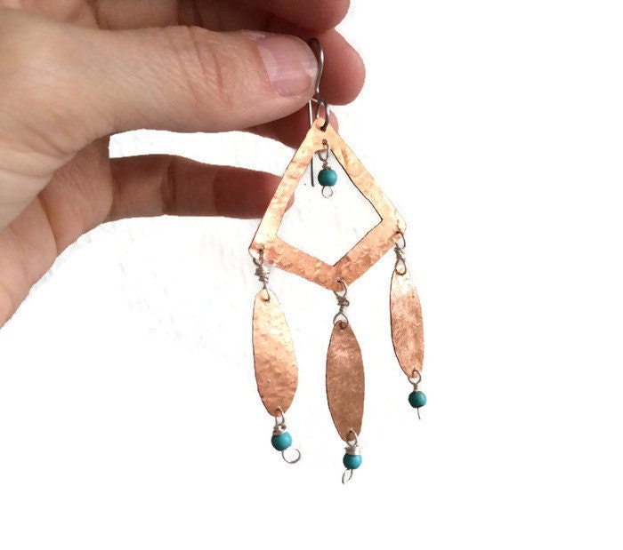 Tribal copper metal earrings, beaded bohemian earrings