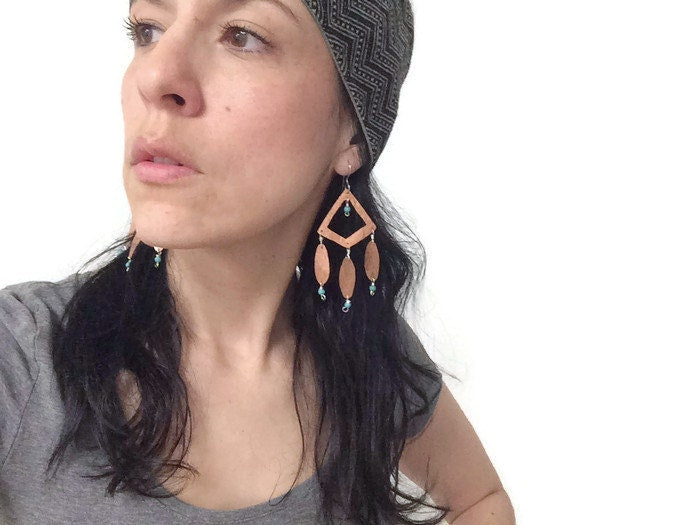 Tribal copper metal earrings, beaded bohemian earrings
