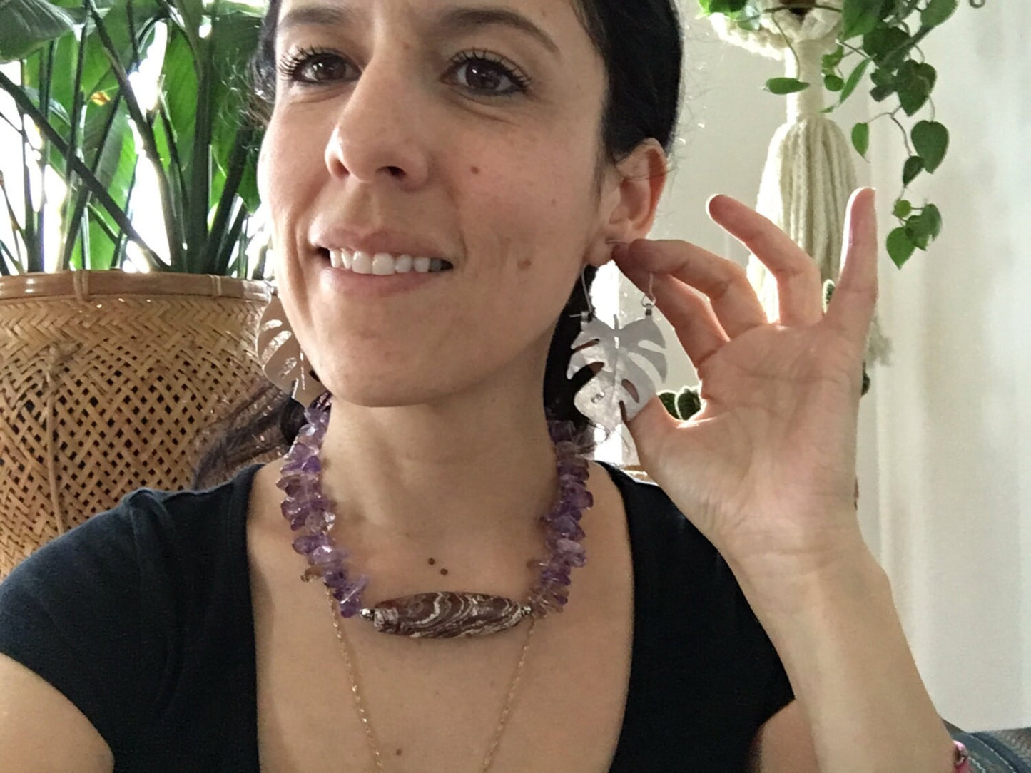 Handmade Monstera Leaf Hoop Earrings: Brass Tropical Jewelry