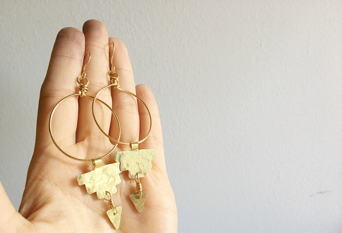 Hammered metal hoops, Pre Columbian dangle earrings, primitive hoop dangles