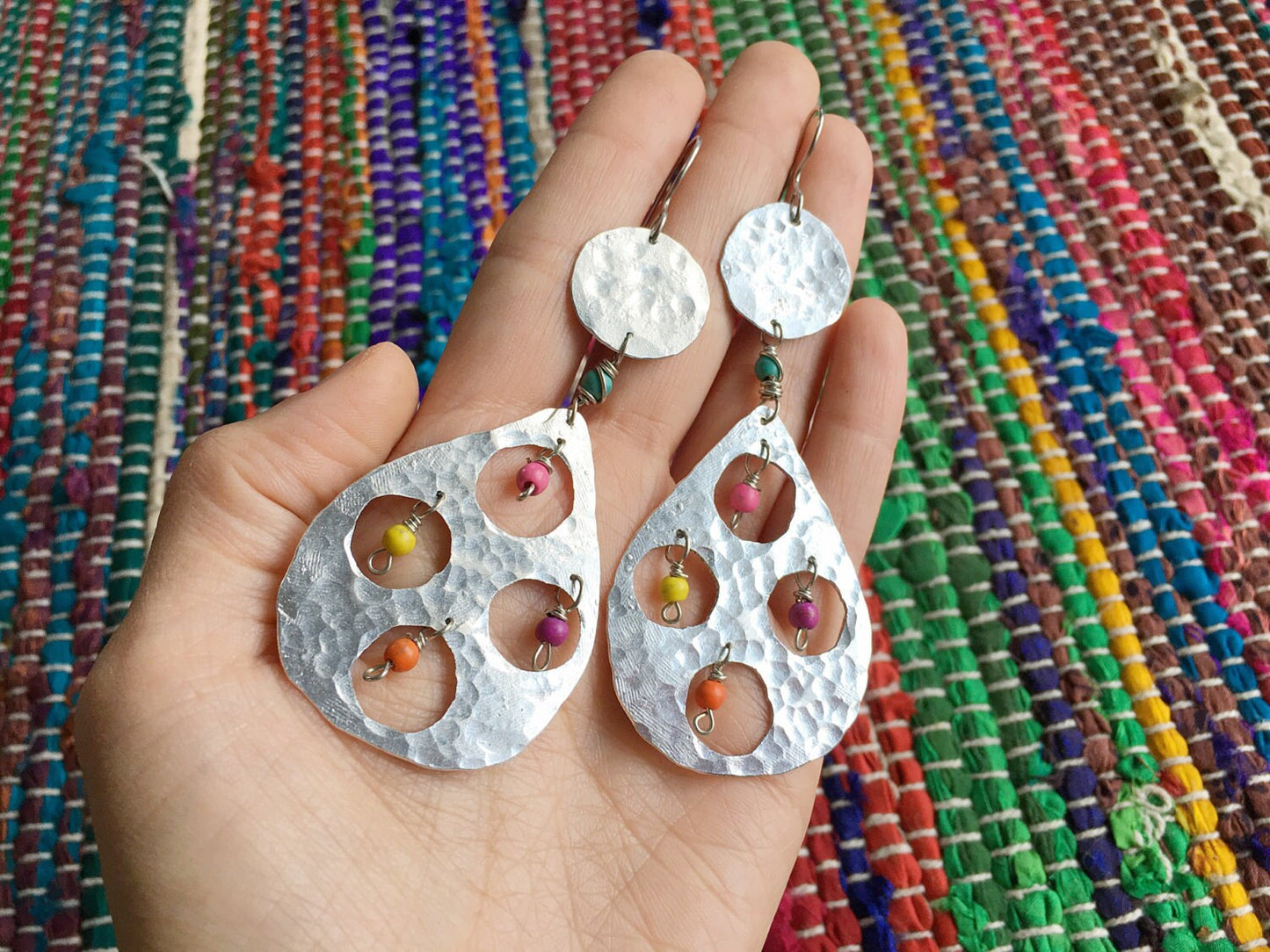 Colorful Fiesta Metal Drop Earrings: Handmade Confetti Statement Jewelry