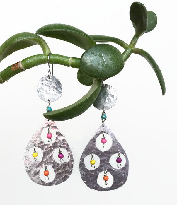 Colorful Fiesta Metal Drop Earrings: Handmade Confetti Statement Jewelry