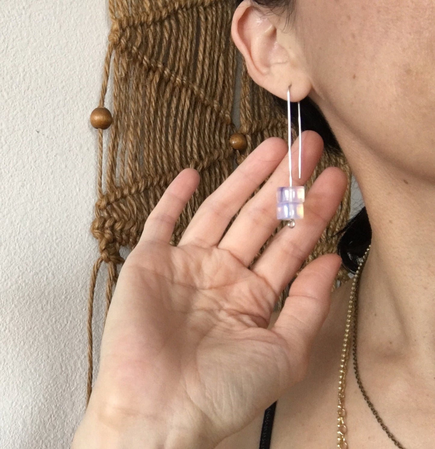 Modern Opalite Quartz drop earrings, glowing stone wire drops