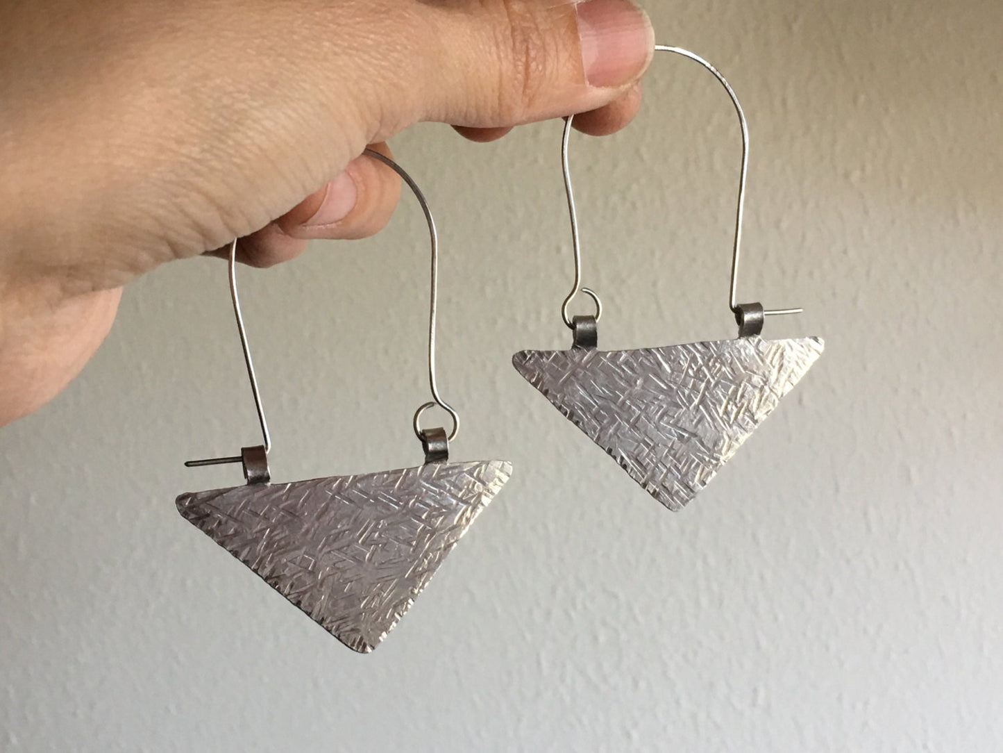 Rustic Metal Triangle Earrings: Textured Geometric Hoops