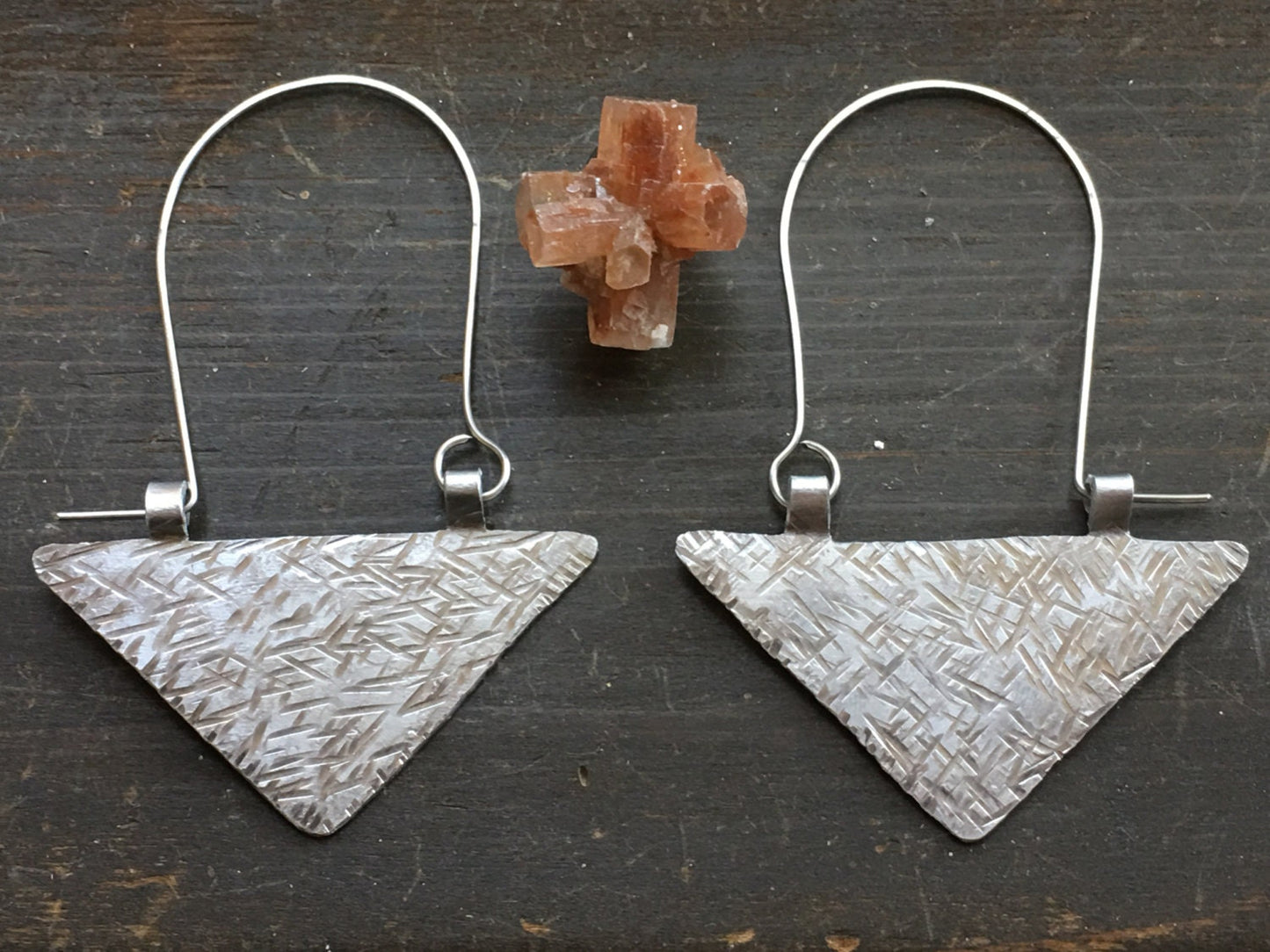 Rustic Metal Triangle Earrings: Textured Geometric Hoops