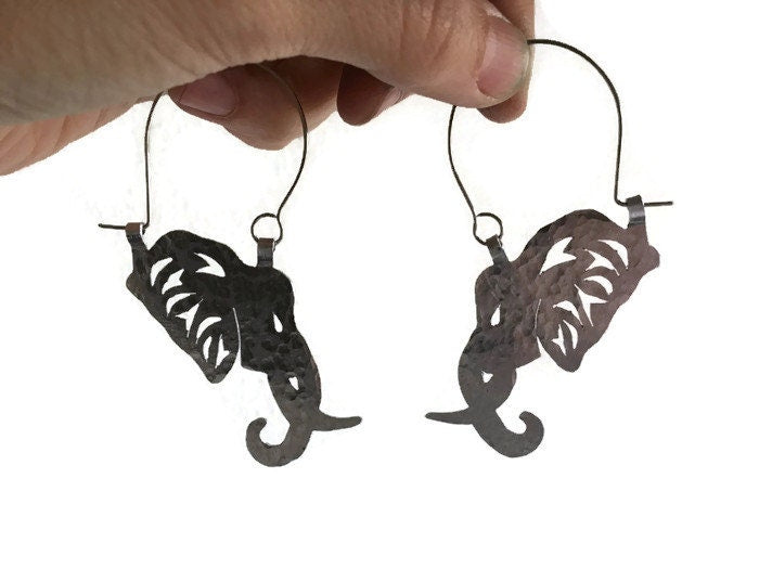 Handmade Elephant Head Hoop Earrings: Aluminum, Brass, or Copper
