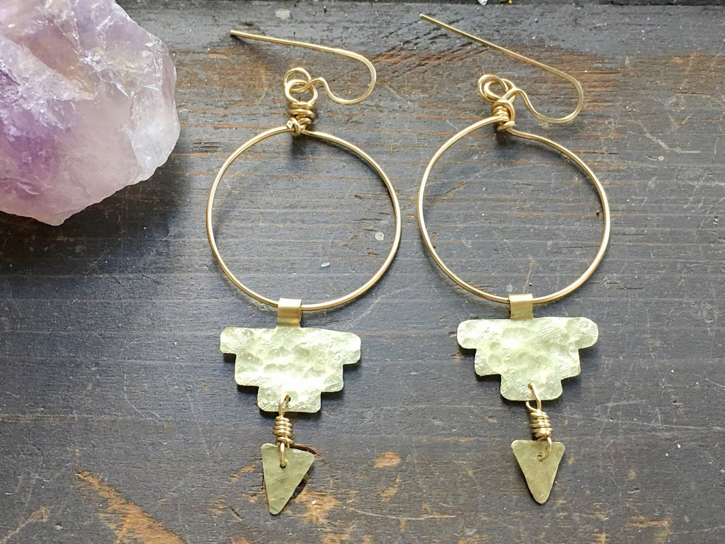 Hammered metal hoops, Pre Columbian dangle earrings, primitive hoop dangles