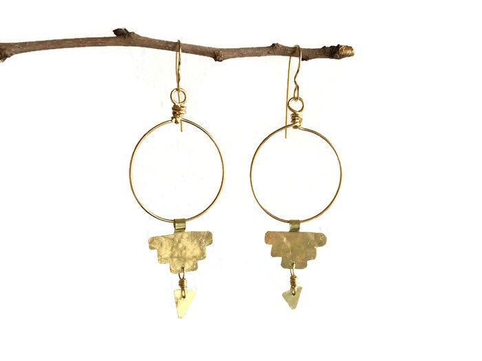 Hammered metal hoops, Pre Columbian dangle earrings, primitive hoop dangles