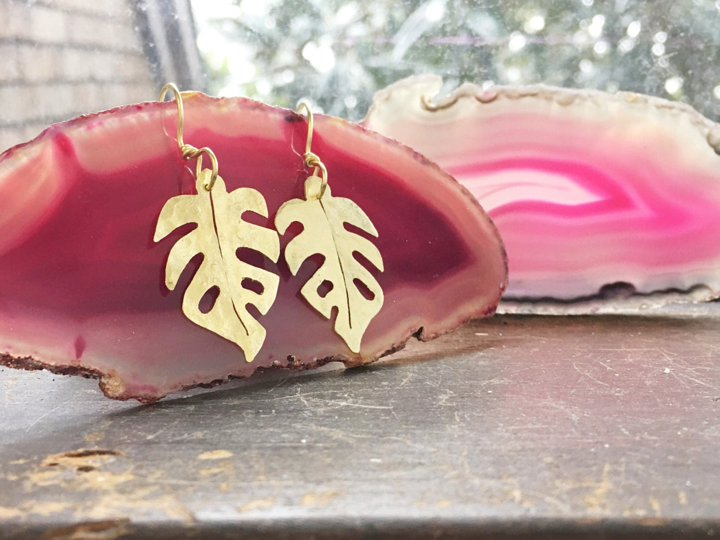 Handmade Brass Monstera Leaf Earrings: Tropical Jewelry