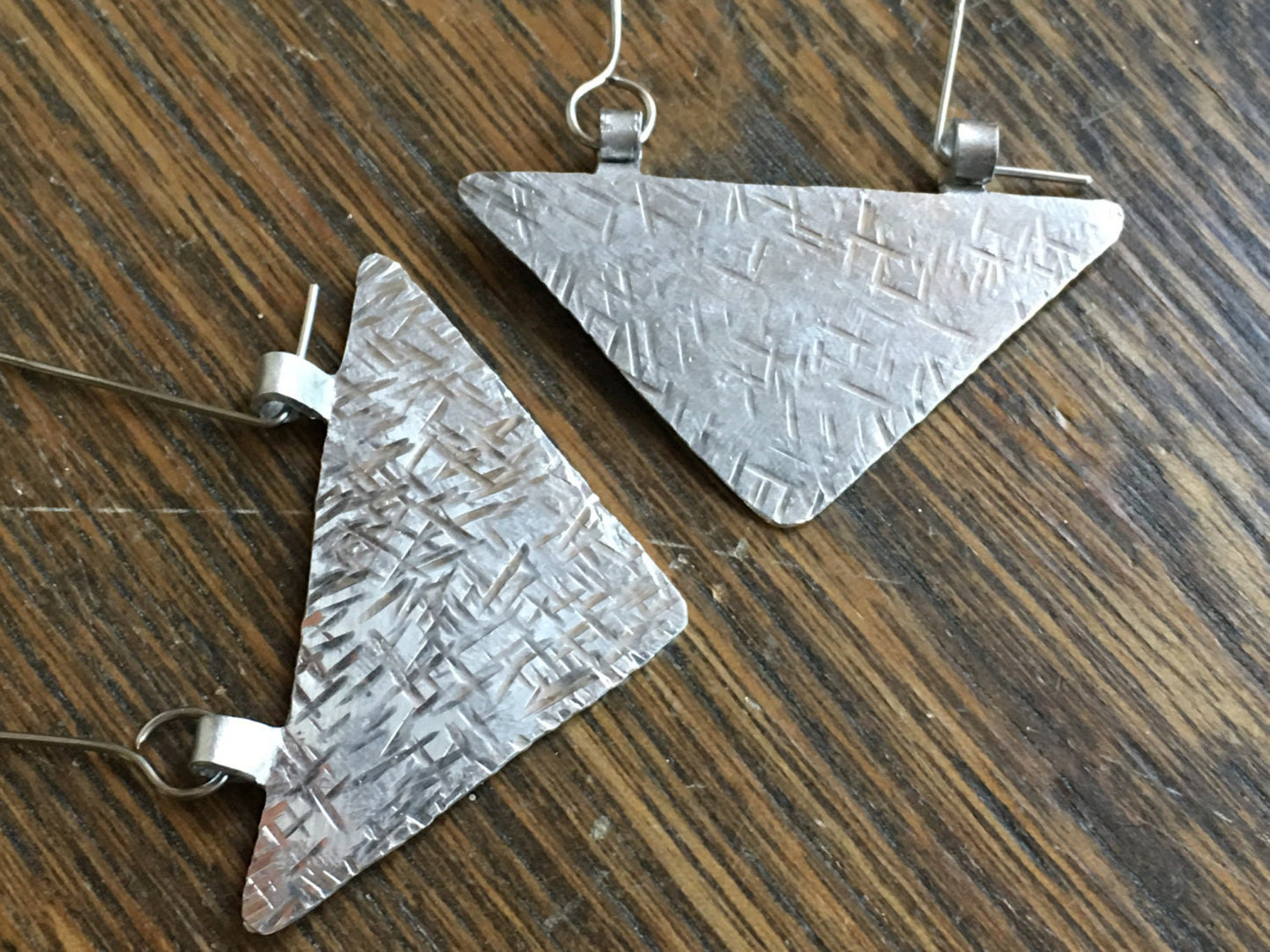 Rustic Metal Triangle Earrings: Textured Geometric Hoops