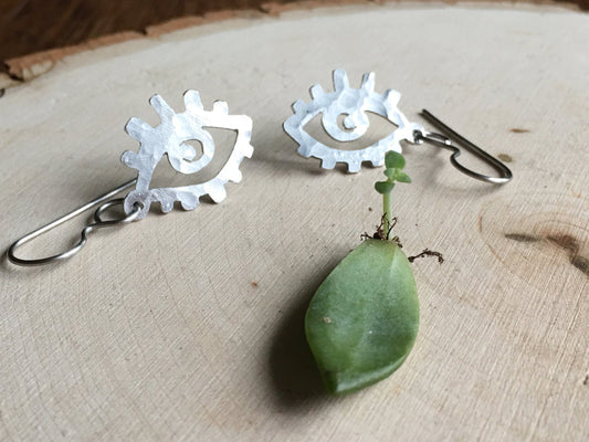 Handmade Aluminum Eye Dangle Earrings: Small Metal Ojo Jewelry