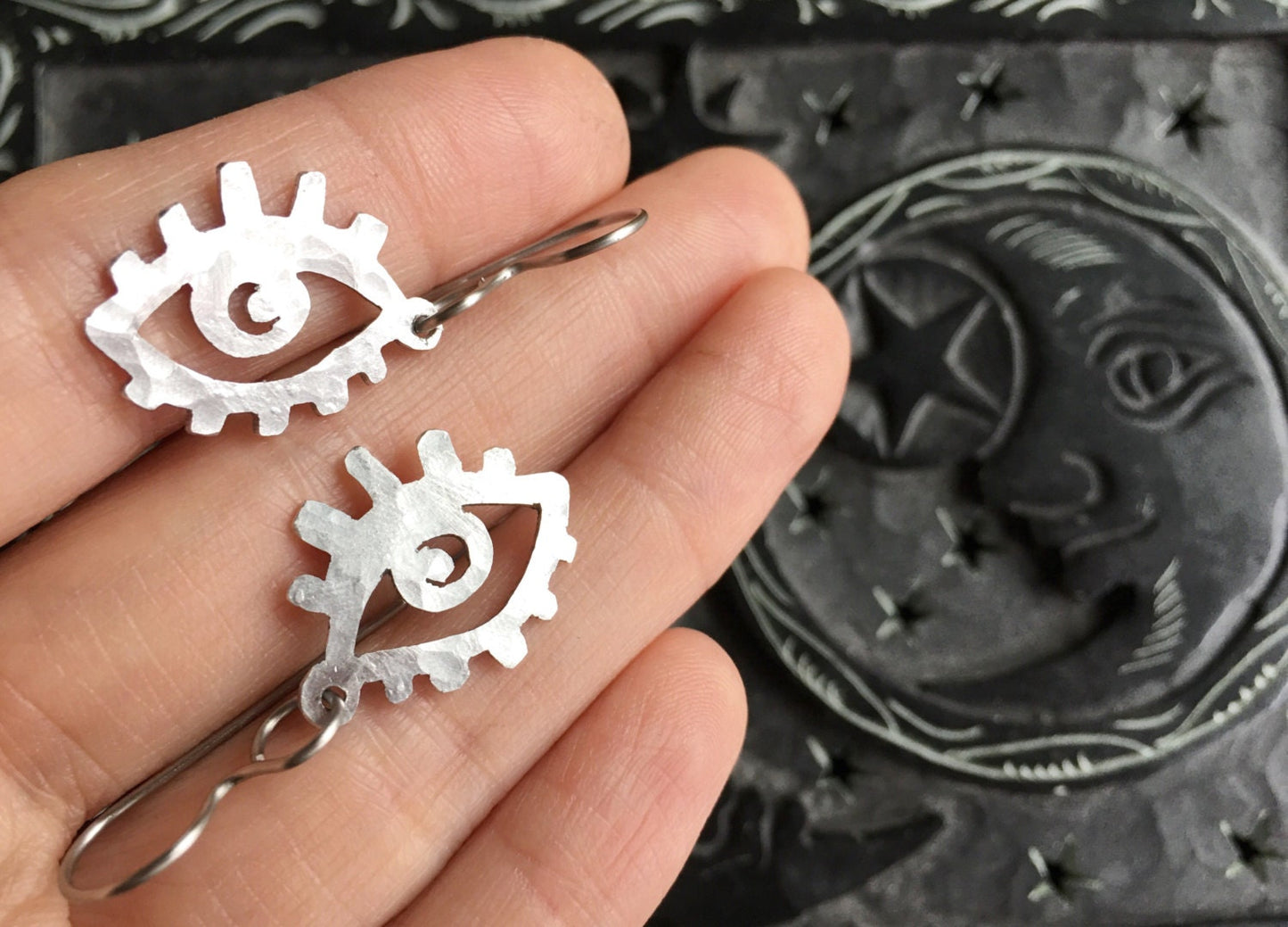 Handmade Aluminum Eye Dangle Earrings: Small Metal Ojo Jewelry