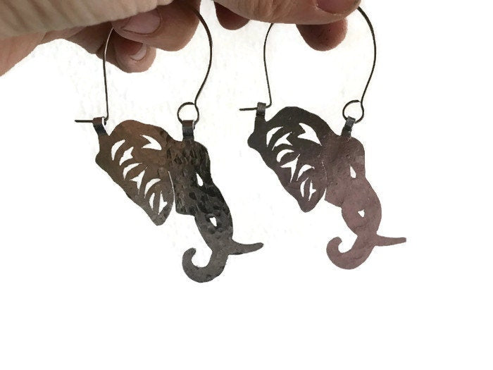Handmade Elephant Head Hoop Earrings: Aluminum, Brass, or Copper