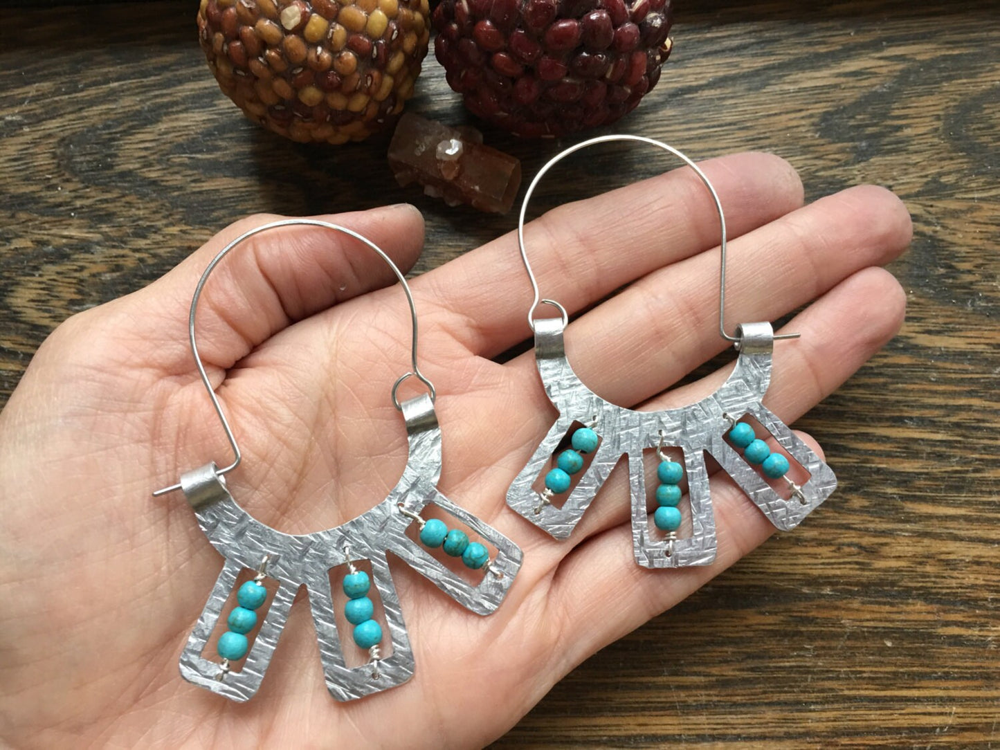 Handmade Metal Hoop Earrings: Beaded Tribal Design