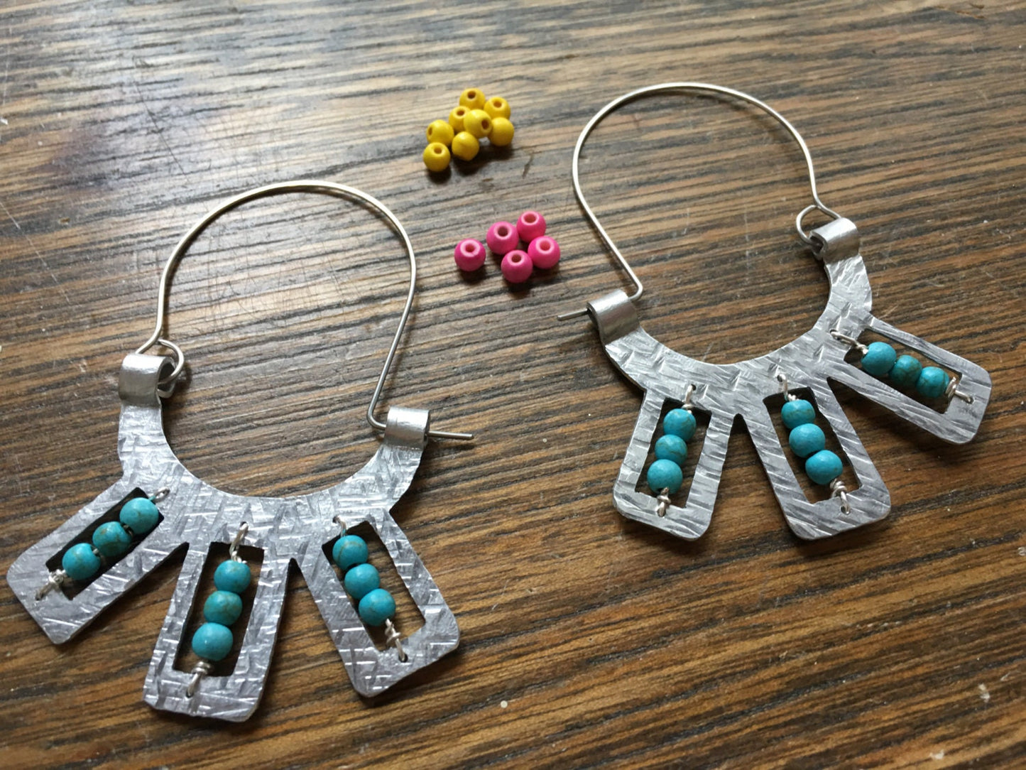 Handmade Metal Hoop Earrings: Beaded Tribal Design