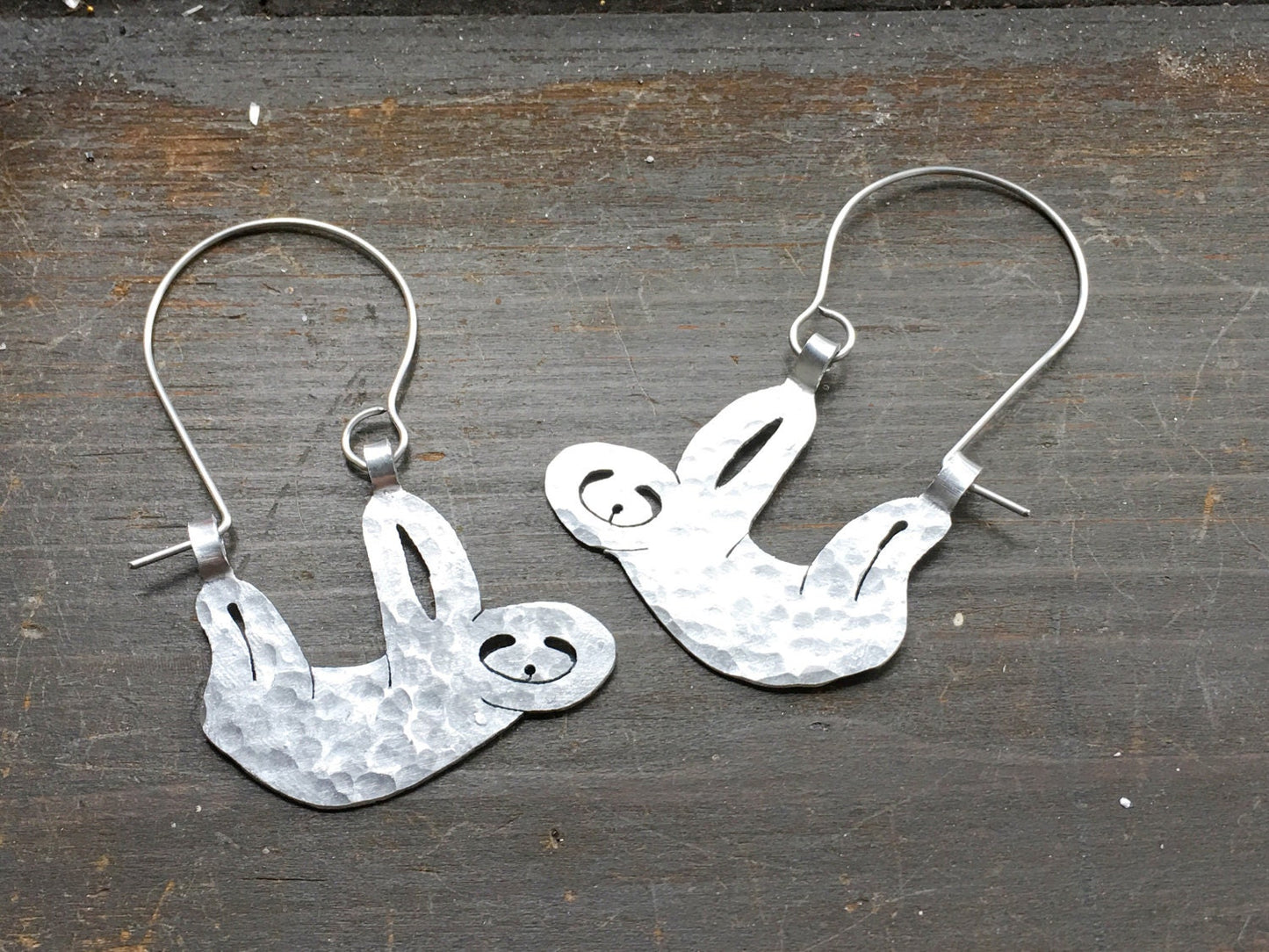 Handmade Sloth Earrings: Aluminum Creature Hoops