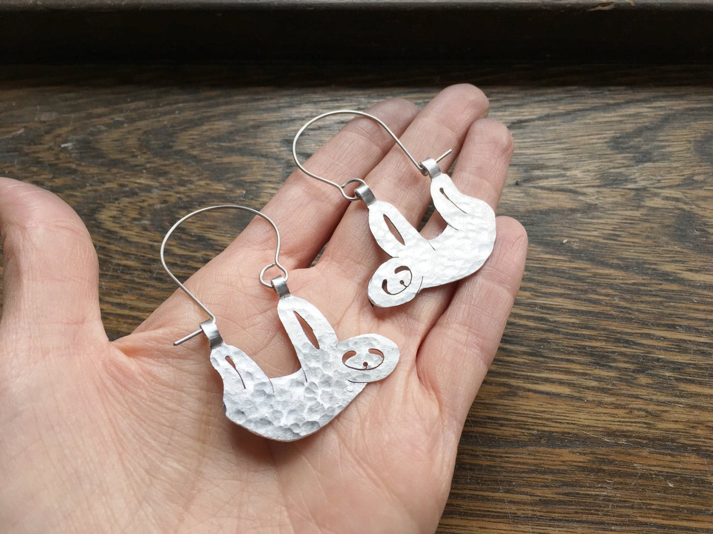 Handmade Sloth Earrings: Aluminum Creature Hoops