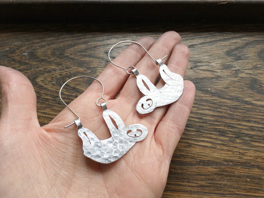 Handmade Sloth Earrings: Aluminum Creature Hoops