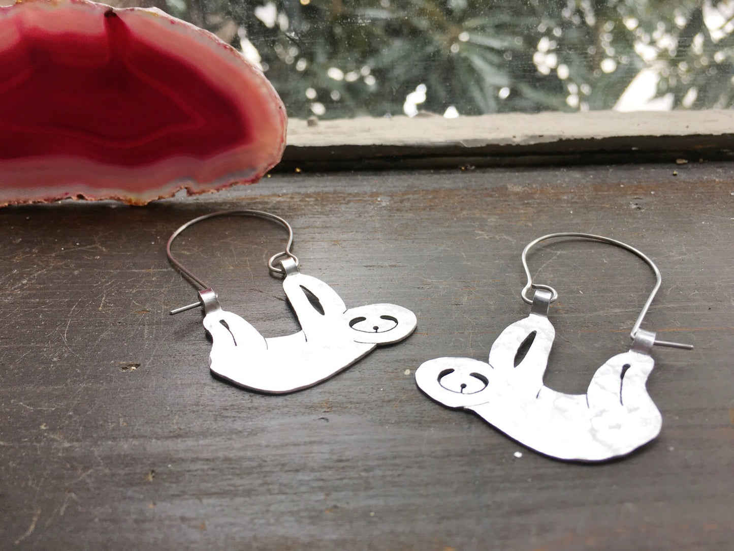 Handmade Sloth Earrings: Aluminum Creature Hoops