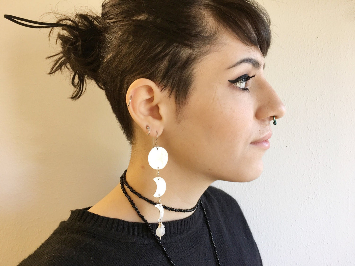 Handmade Moon Phase Earrings: Turquoise Dangle, Hammered Metal