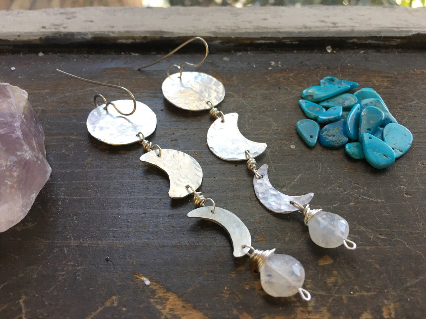 Handmade Moon Phase Earrings: Turquoise Dangle, Hammered Metal