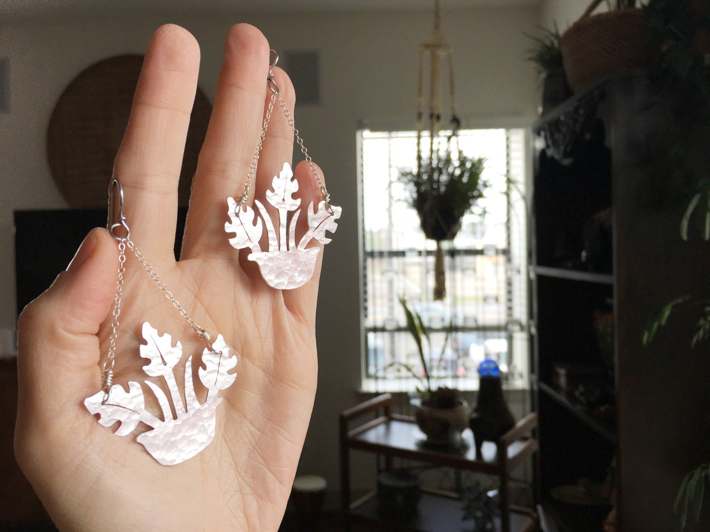 Handmade Aluminum Philodendron Plant Earrings: hanging planter earrings