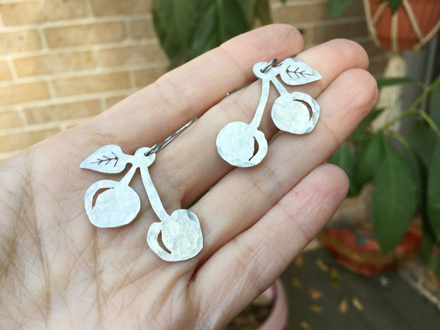 Handmade Metal Cherry Dangle Earrings: Fruit Jewelry