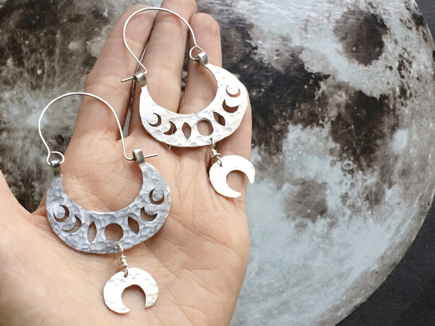 Handmade Moon Phase Hoop Earrings: Tribal Lunar Design