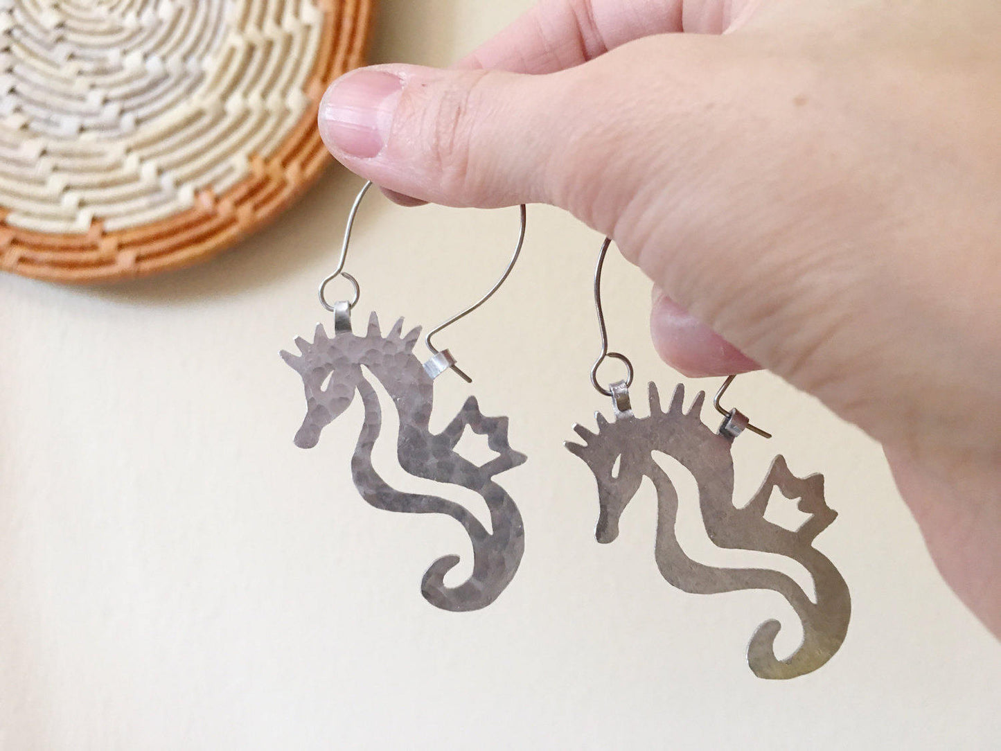 Seahorse earrings, metal seahorse hoop earrings, hammered aluminum  hoop earrings