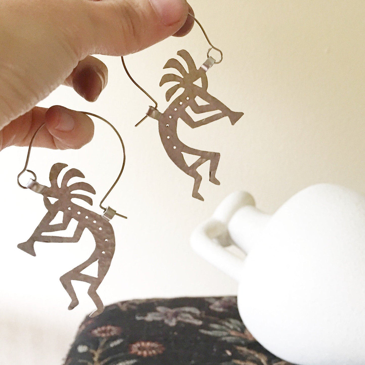 Handmade Kokopelli Hoop Earrings: Hammered Aluminum, Stainless Steel