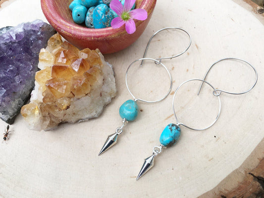 Turquoise Hoop Earrings: Pewter Spike, Modern Tribal Style