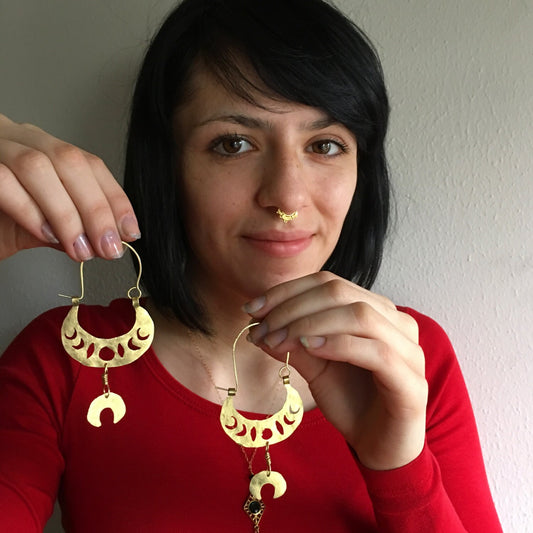 Handmade Moon Phase Hoop Earrings: Tribal Lunar Design
