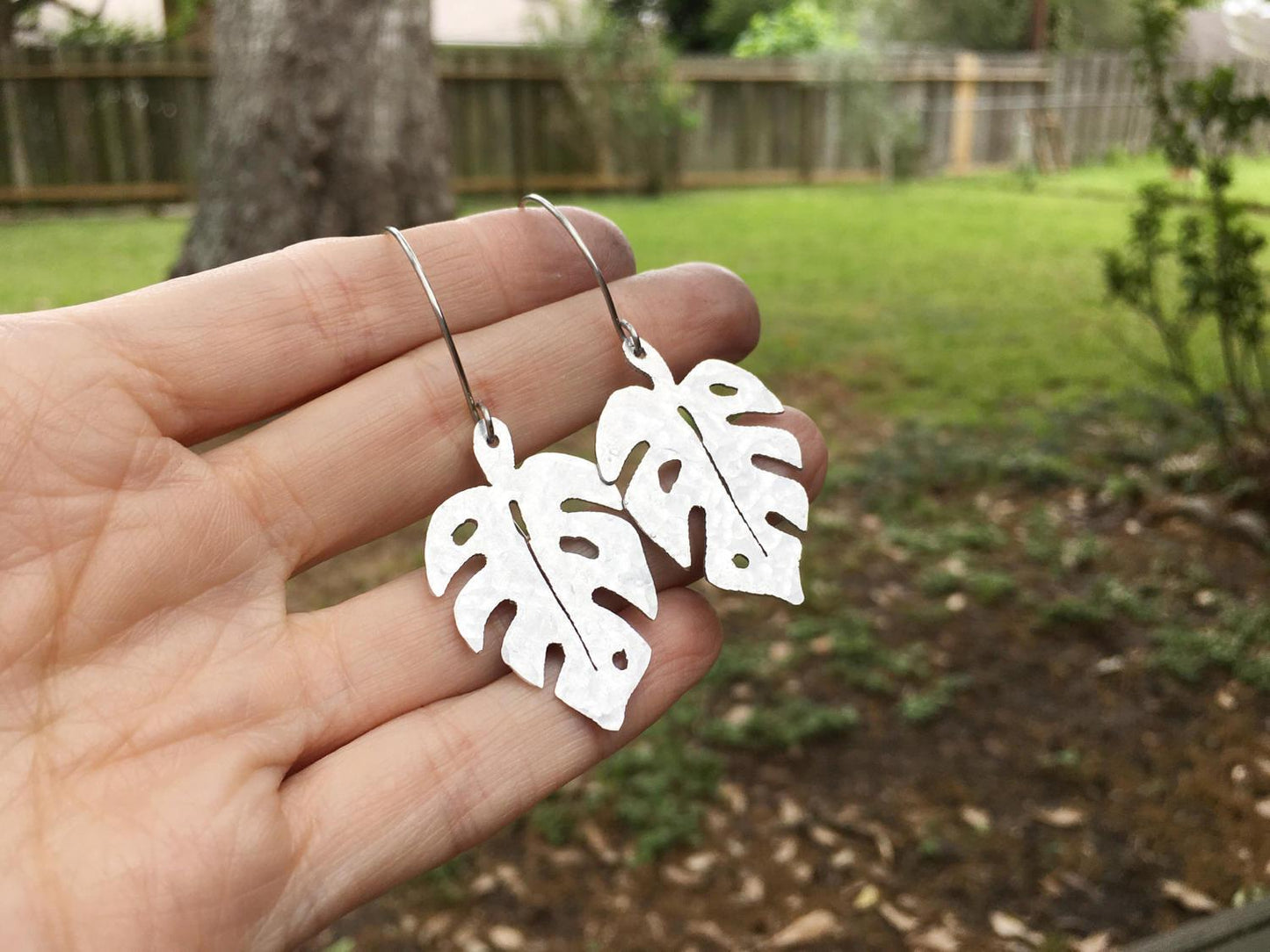 Handmade Monstera Leaf Earrings: Hammered Metal Foliage