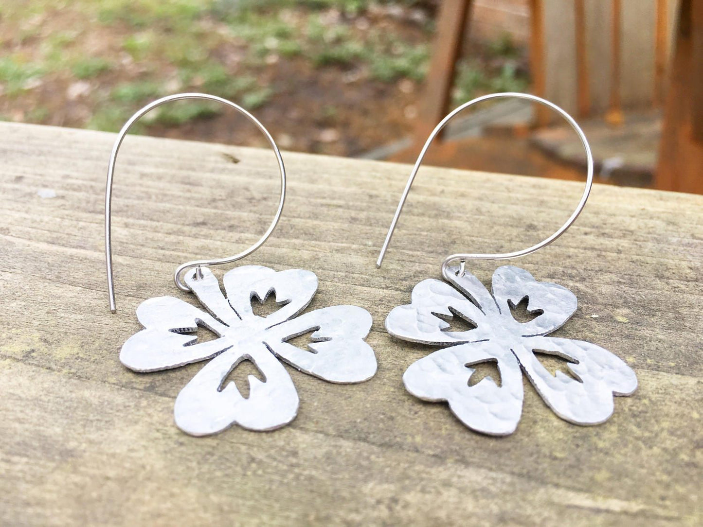 Handmade Four Leaf Clover Earrings: Hammered Metal Hoop Earrings