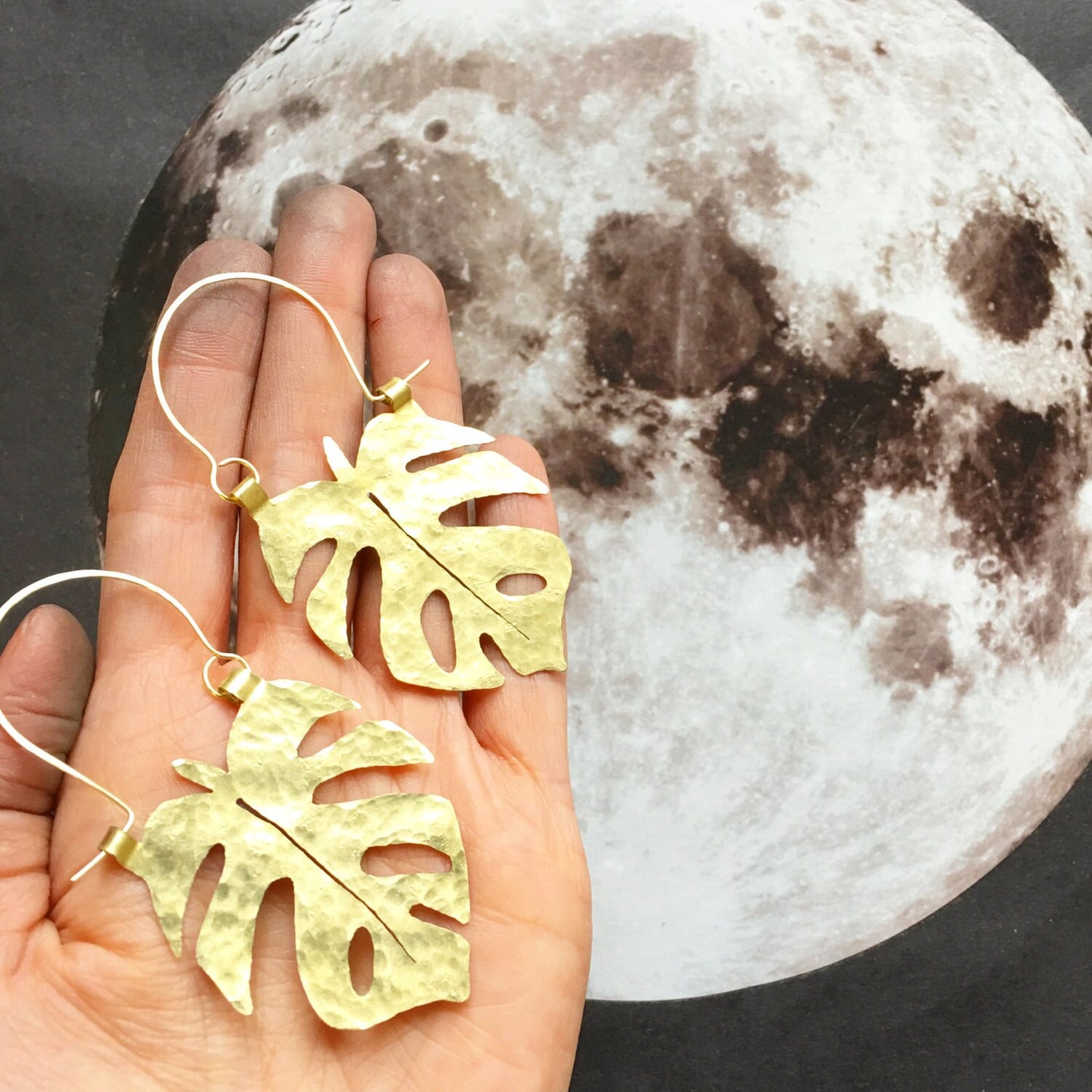 Handmade Monstera Leaf Hoop Earrings: Brass Tropical Jewelry
