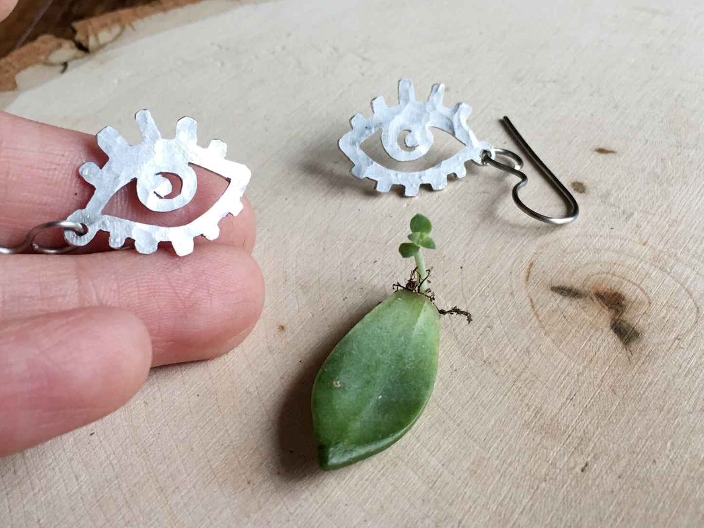 Handmade Aluminum Eye Dangle Earrings: Small Metal Ojo Jewelry