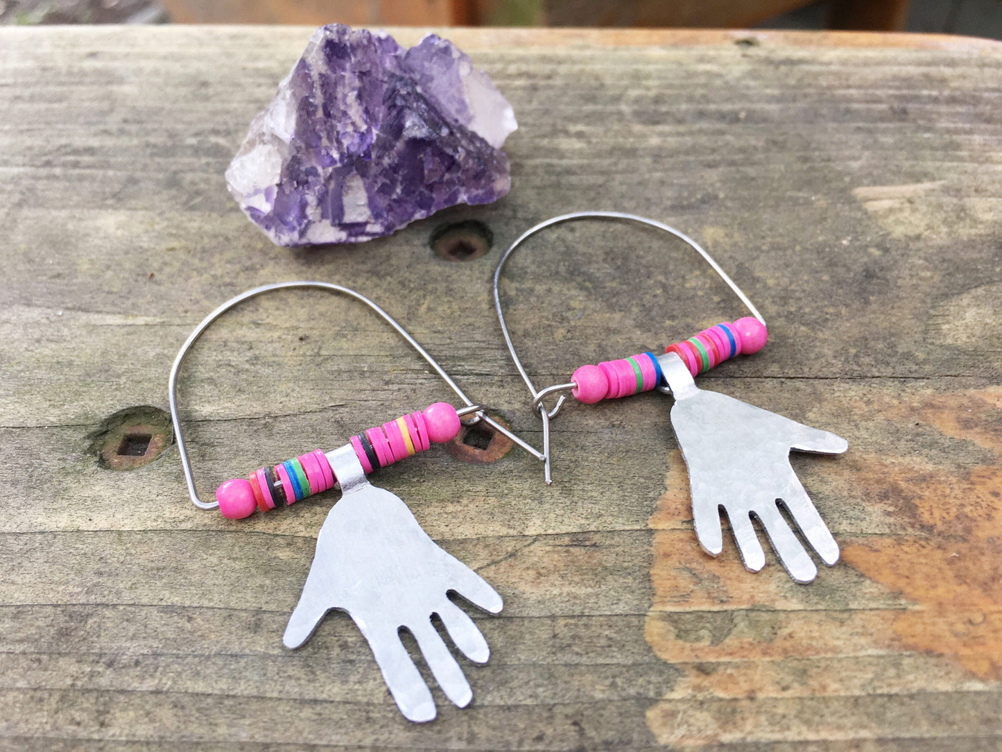 Modern hoop earrings with little hands, modern hoop earrings with pink vinyl beads