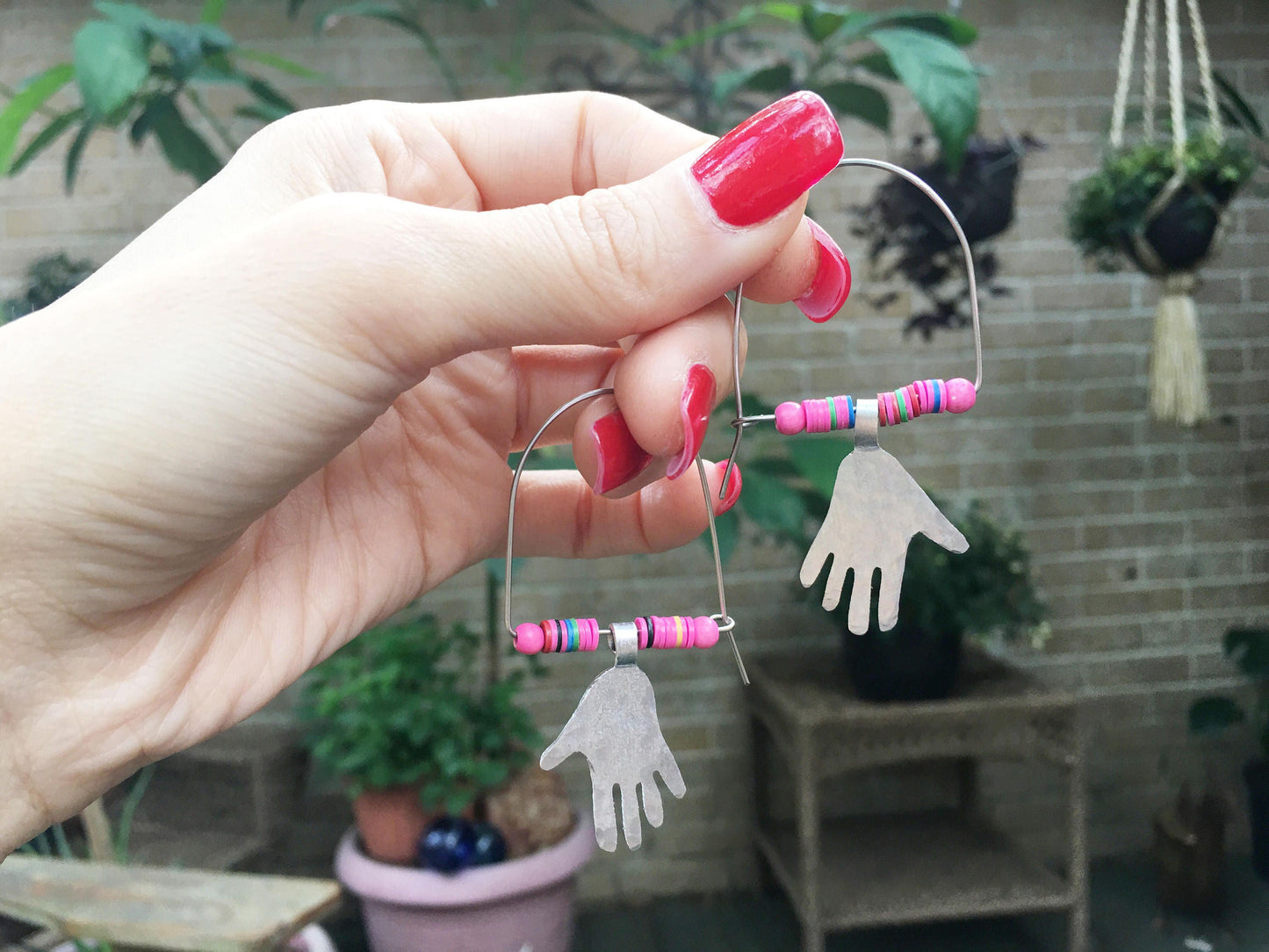 Modern hoop earrings with little hands, modern hoop earrings with pink vinyl beads