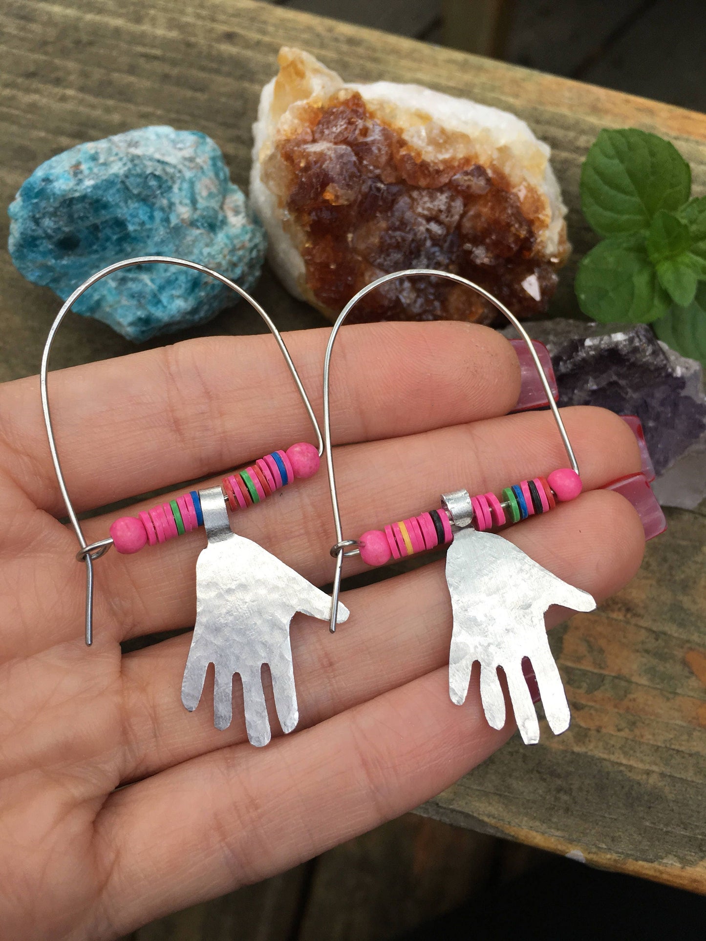Modern hoop earrings with little hands, modern hoop earrings with pink vinyl beads